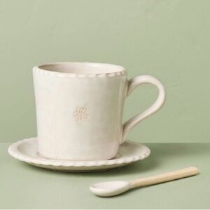 Hearth and Hand Magnolia Elegant Cream Ceramic Mug Set 8 oz pinched edge saucer